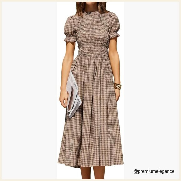 Dresses & Skirts - Women's Cotton Smocked Midi Dress with Puff Sleeves, Flowy A-Line